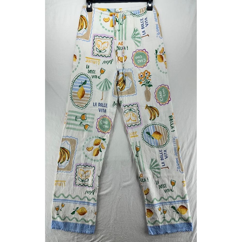 Label of Love La Dolce Vita Lemon Print Linen Blend Pants Small White